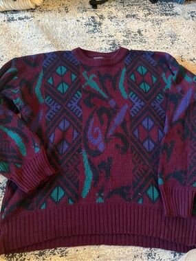 Vintage Burgundy Patterned Crewneck Sweater